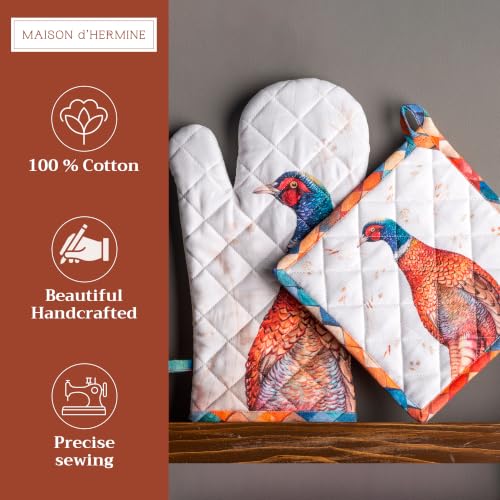100% Cotton Oven Mitt & Pot Holder Set (084 - Faisan D'automne / 7.5" x 13" & 8" x 8" (Oven Mitt & Pot Holder))