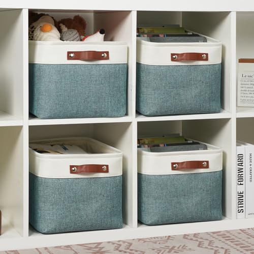 Storage Baskets for Shelves (White&Dark Green / L-15"x11"x9.5")