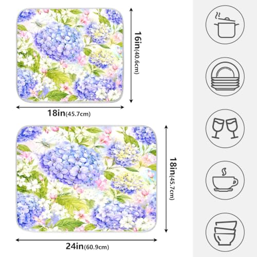 Floral Hydrangea Garden Dish Drying Mat for Kitchen Counter Absorbent Microfiber Large Drying Pad Dish mats for Kitchen Countertops 18 x 24 Inch01 (Spring Summer Flowers / 24" x 18")