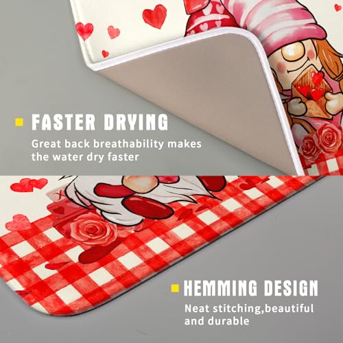 Love Gnome Dish Drying Mat 16"x18" Red Heart Microfiber Dish Drainer Rack Mat Holiday Absorbent Dishes Pad for Kitchen Counter Sink Decor (Love Gnome / 16" x 18")