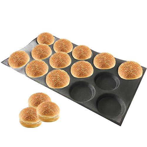 Silicone Hamburger Bread Forms Perforated Silicone Bakery Molds Tartlets Pita Moulds Sheets Food Grade for Industrial Large Size (14 Caves 5" Round Shape For Hamburger)