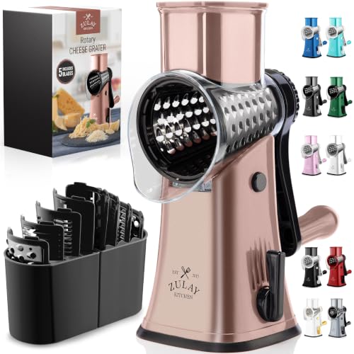 Rotary Cheese Grater Manual Hand Crank 5 Blade Shredder (5 Blades / Rose Gold & Black)