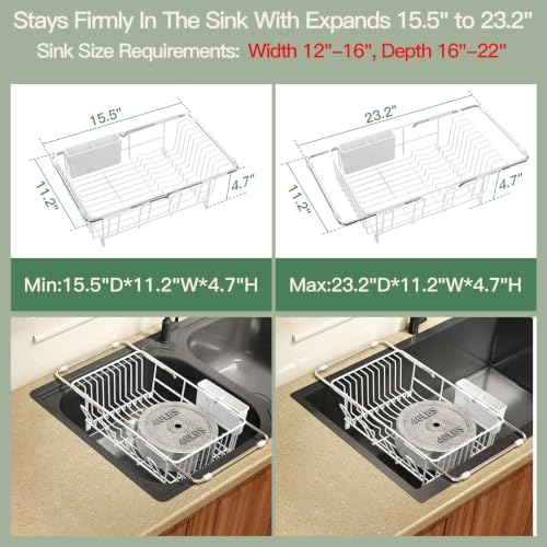 White Expandable Dish Drying Rack Over Sink with Extra Drying Mat (White / For 11.5"-16" W Sink with Cup Holder & Mat)
