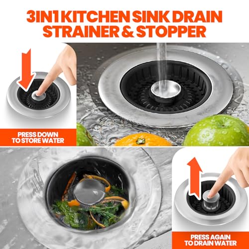 3 in 1 Kitchen Sink Drain Strainer Stopper Basket Pop Up Black (2pack / Black)