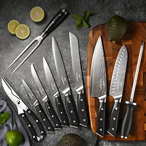 18PCS Damascus Knife Set with Steak Knives & Block (Black/Black / 18 Pieces)