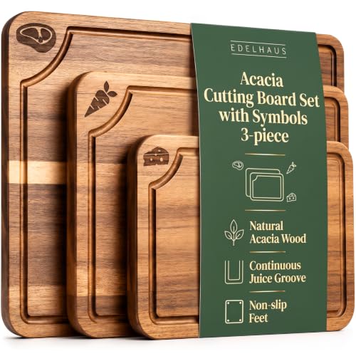 Acacia Wood Cutting Boards for Kitchen Set of 3 (3 Pack Beeswax no Stand)
