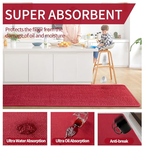 Kitchen Rugs Kitchen Mats for Floor Non Slip Washable Red 17"x30" (3.42 Sq Ft)
