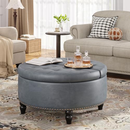 31.5 Inch Large Round Ottoman with Storage Circular (Grey)
