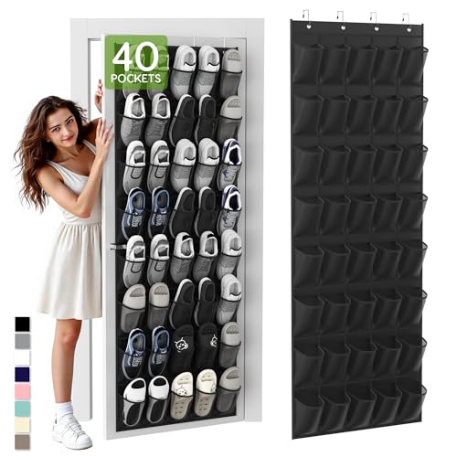 Over the Door Shoe Organizer with 40 Large Breathable Mesh Pockets (Black / 40 Pockets)