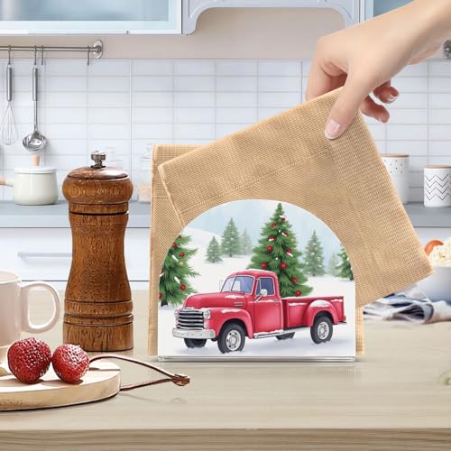 Christmas Red Truck Pine Tree Napkin Holder for Table Paper Napkins Holder Acrylic Tissue Dispenser Kitchen Dining Room Bathroom Party Car Decor (NH014 / 4.1x4.9x1.97in)