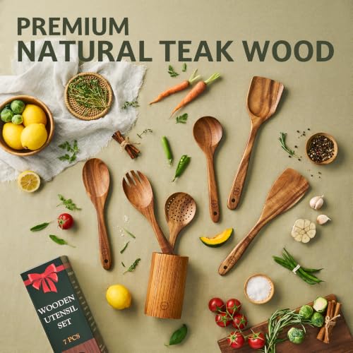 7 Piece Teak Wood Cooking Utensil Set with Holder (7 PCS Set)
