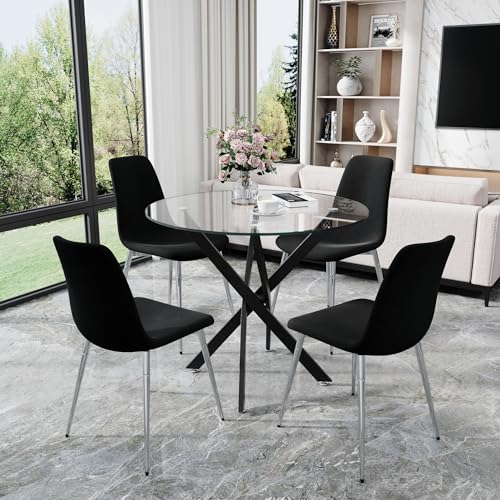 36” Round Glass Dining Table Set for 4 (Black Round Table/Black Velvet Chairs / 5 Pieces)