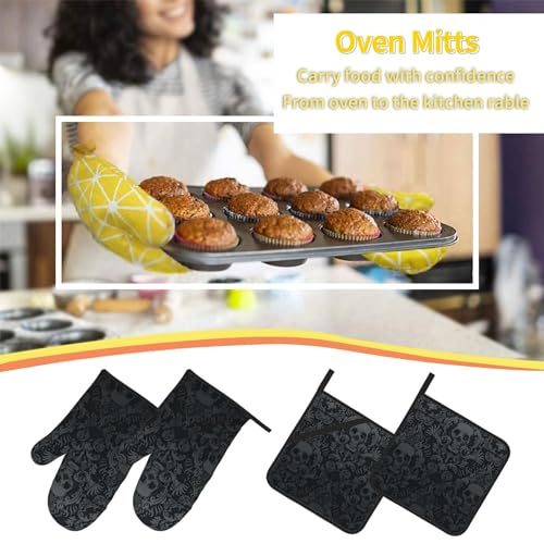 Victorian Gothic Black Skull Damask Oven Mitts and Pot Holders Sets of 4 (One Size / Black Skull)