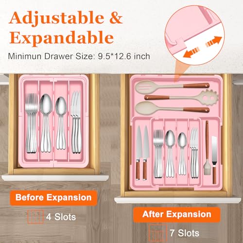 Expandable Silverware Drawer Organizer (Pink / M(9.5-15.2"W x 12.6-19"D))