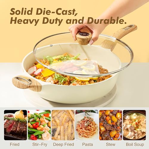 Ceramic Nonstick Frying Pan Skillet with Lid (5QT / 12IN / Ceramic White)