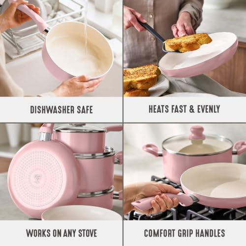 16pc Ceramic Nonstick Pots & Pans Cookware Set (16 Piece Cookware Set / Bloom / Pink)