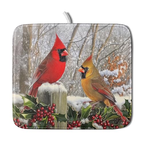 Winter Birds Dish Drying Mat Red Berry Dish Drainer Rack Mat Microfiber Absorbent Dish Drying Pad for Kitchen Counter Coffee Bar 16x18 Inch (Winter Red Birds / 16" x 18")