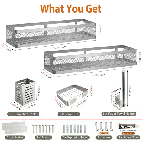 5-in-1 16.5" Extra Long Slim Wall Mount Wrapped Mesh Kitchen Organizer & Shower Caddy Kit, with Paper Towel Holder, Utensil Holder, Soap Dish, Holds 50LBS - Silver Gray, Netting (Silver Grey / 5-in-1 Full Mesh (16.5" Extra Long))