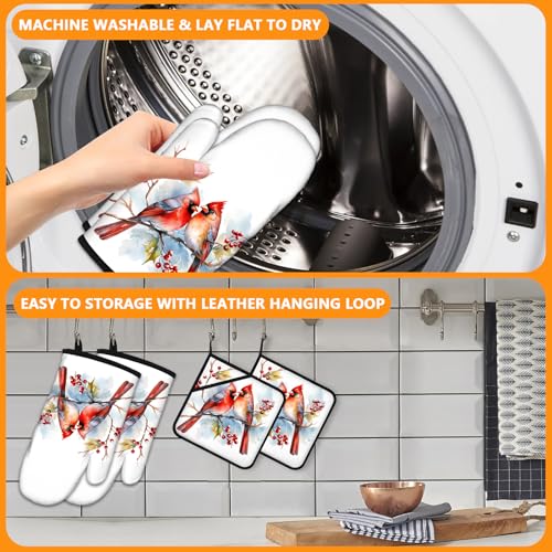 Red Birds Oven Mitts and Pot Holders Sets 4Pcs (Red Birds)