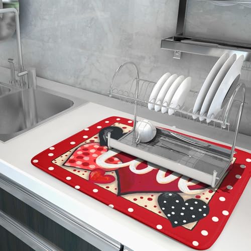 Love Heart Dish Drying Mat 18"x24" Red Dots Microfiber Dish Rack Mat Holiday Absorbent Fast Dry Draining Pad for Kitchen Counter Bar Sinks (Love Heart / 24" x 24")
