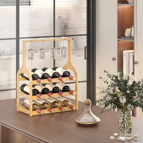 Bamboo Wine Rack Countertop (Natural 3-tier With Glass Holder)