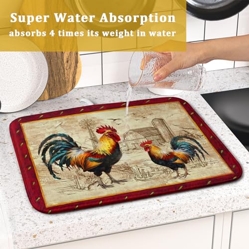 Farm Rooster Dish Drying Mat for Countertop 16x18 Inches Red Rustic Chicken Absorbent Microfiber Dry Dishes Pads Kitchen Counter Accessories (Red Rooster / 16" x 18")