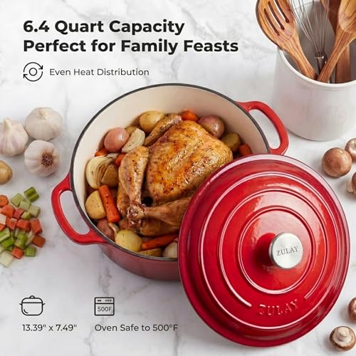 6.4QT Enameled Cast Iron Dutch Oven Pot with Lid (Ablaze Red / 6.4 Quart)