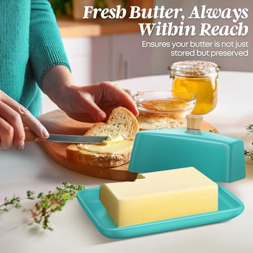 Large Ceramic Butter Dish with Lid for Countertop (Blue / Large)