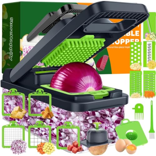 15-in-1 Vegetable Chopper 10 Blades, Veggie Cutter with Handle, Green/Grey (Green / 10 blades)