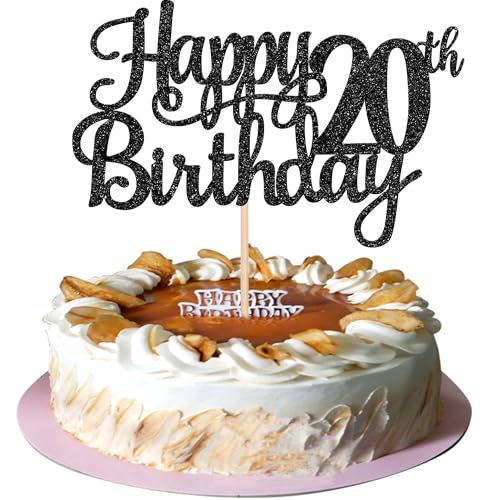 1 PCS Happy 20th Birthday Cake Topper Glitter Cheers to 20 Years Birthday Cake Pick Twenty 20 Fabulous Cake Decoration for Happy 20th Birthday Theme Party Decorations Supplies Black (Black / 20th)