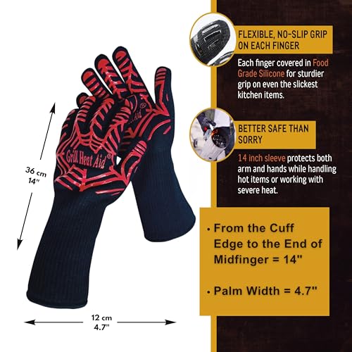 Grill Gloves Heat Proof for Men Grilling BBQ Heat Resistant Gloves (Black & Red / Long Cuff - Medium Palm)
