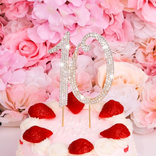 Gold 10th Birthday Cake Topper Rhinestones Cake Decorations for 10th Birthday Party (10th- Gold)