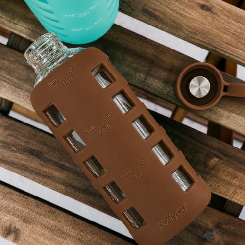 40oz / 32oz / 22oz / 12oz Borosilicate Glass Water Bottle with Time & Volume Markers, Silicone Sleeve, Stainless Steel Lid | Reusable Glass Bottle for Water & Juice (22oz Earth Brown) (Earth Brown / 22 Ounces)