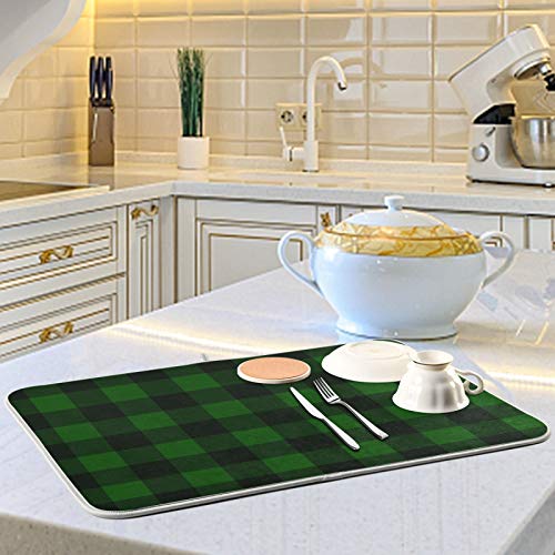 Super Absorbent Dish Drying Mat (Green Plaid / 18" x 24")