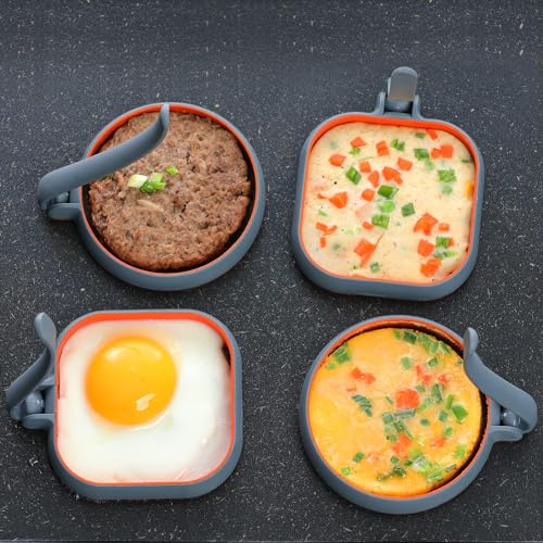 Silicone Egg Molds Pancake Molds for Kids (2Pcs Round+2Pcs Square / Gray)