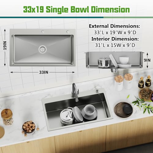 33x19 Inch Drop In Kitchen Sink (33x19 Stainless)