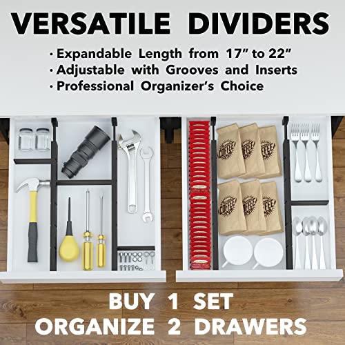 Bamboo Drawer Dividers with Inserts and Labels (2.35''H, 17''-22''L, 4 Dividers / BLACK)