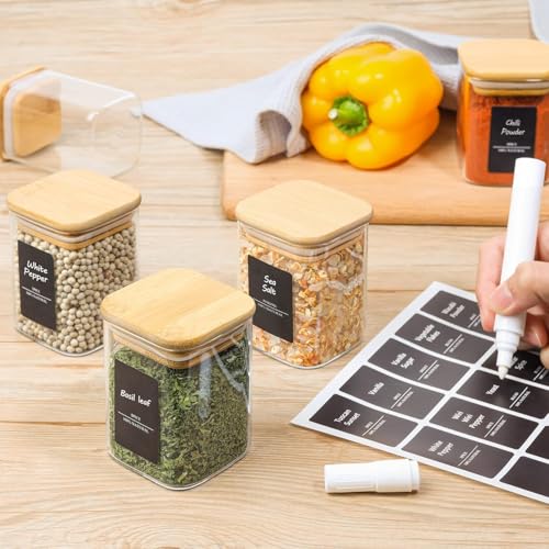 Square Glass Spice Jars with Labels 6 oz 6 Pack with Bamboo Lids (6 Count)