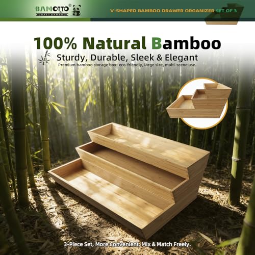 Large Long V Shaped Bamboo Drawer Organizer Set of 3 (Bamboo (V-Shaped 3 Piece Set) / 19.6" L x 25.9" W x 2.1" H)
