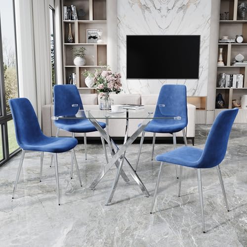 36" Square Glass Dining Table Set for 4 (Gold Square Table/Blue Velvet Chairs / 5 Pieces)