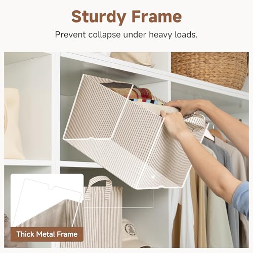 Fabric Storage Bins (Khaki and Beige Stripes / 16 ½" L x 12" W x 10 ¼" H)