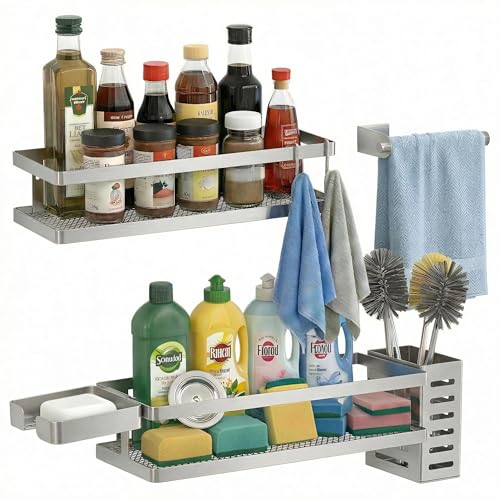 5-in-1 Shower Caddy & Kitchen Organizer Set, Wall Mount Wide Spice Rack with Paper Towel Holder, Utensil Holder, Soap Dish, Rustproof Mesh Baskets Hold 50LBS - Silver Gray, Guardrail (Silver Grey / 5-in-1 Minimalist (12.6" Wide))