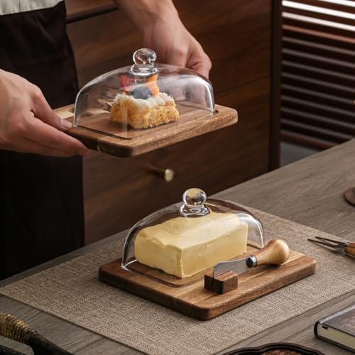 Glass & Acacia Wood Butter Dish with Airtight Glass Lid & Serving Knife