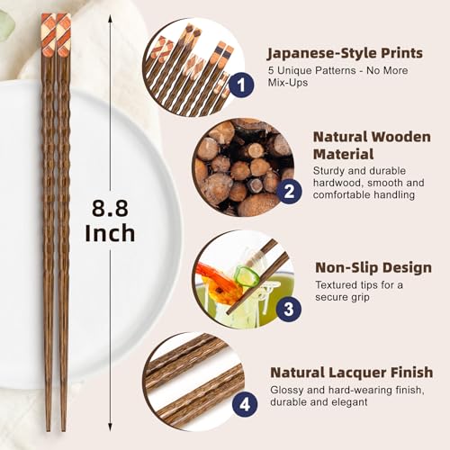 5 Pairs Wooden Chopsticks Reusable Classic Japanese Style Chop Sticks Dishwasher Safe Hand (Natural Wood - Geometric Patterns)