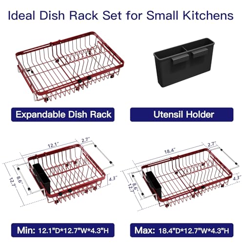 Red Expandable Dish Drying Rack Over The Sink with Anti Slip Grip (Red / For 13-30" W Sink)