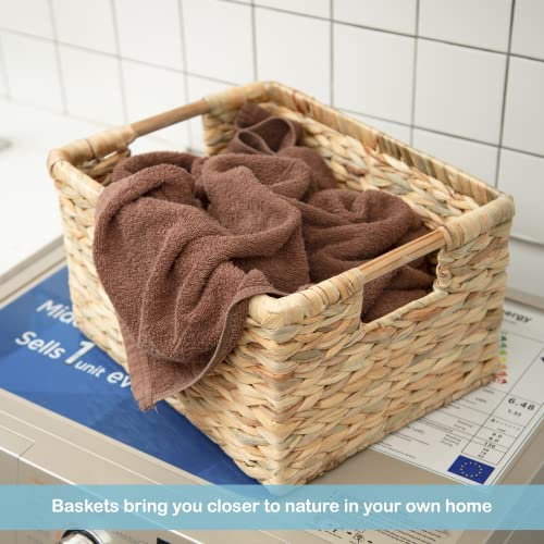 Large Rectangular Wicker Basket with Wooden Handles for Shelves and Storage (Water Hyacinth / Large (14.5"L x 10.3"W x 7.5"H))