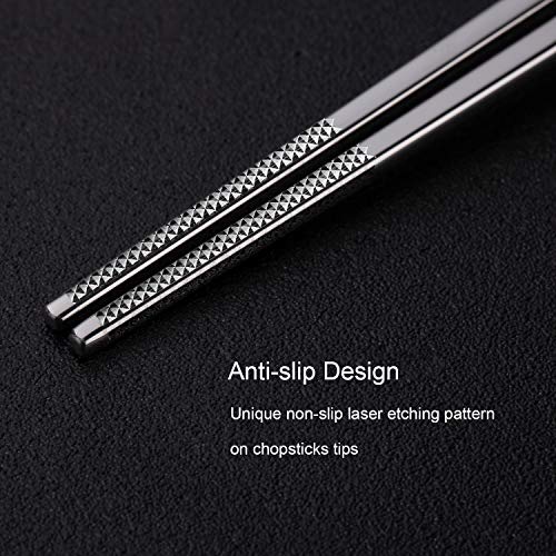 Metal Chopsticks Reusable 316 Stainless Steel Chopsticks Multipack Dishwasher Safe Chop Sticks Square Fancy Laser Engraved Non (Shiny silver 316 stainless steel)