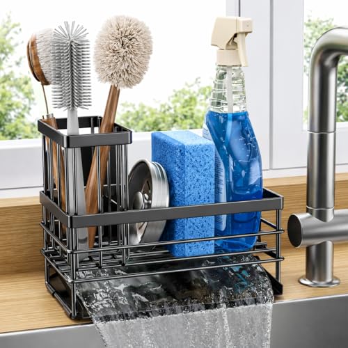 Sink Caddy Sponge Holder for Kitchen with Brush Holder and Stainless Steel Self Drain Tray (8.26'' / Black)