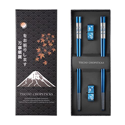 Metal Chopsticks Reusable 2 Pairs Titanium Plated 18 (Blue)