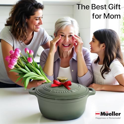 MUELLER HOME 4.5 Quart Enameled Cast Iron Dutch Oven For Sourdough Bread Baking (4.5 Quart -Round / Thyme Green)